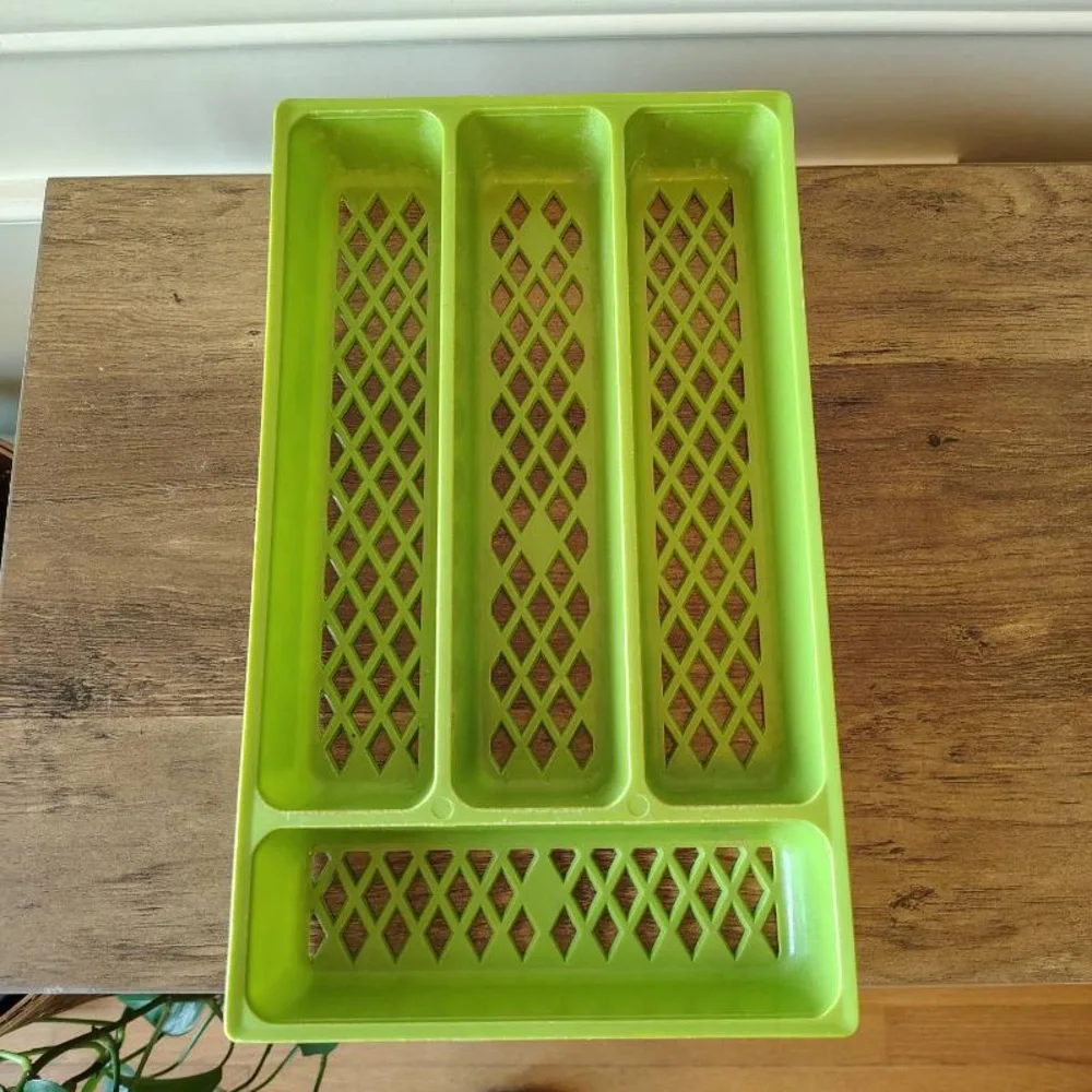 Vtg Plastic Utensil Drawer Organizer Silverware Holder Lattice Avocado Green